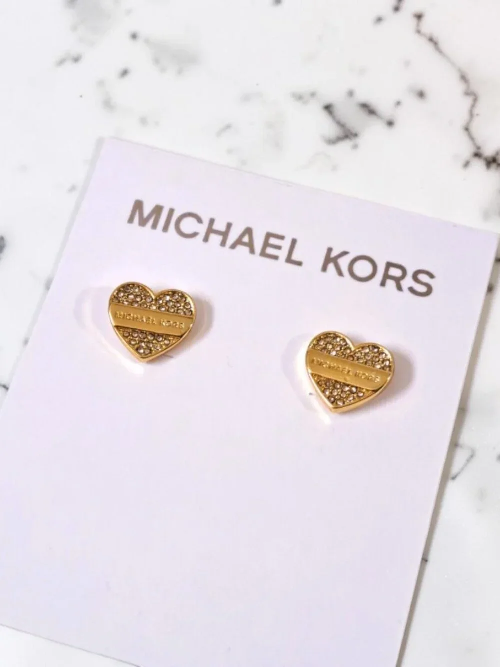 Michael Kors Gold - Tone Pave Heart Logo Stud Earrings NWT